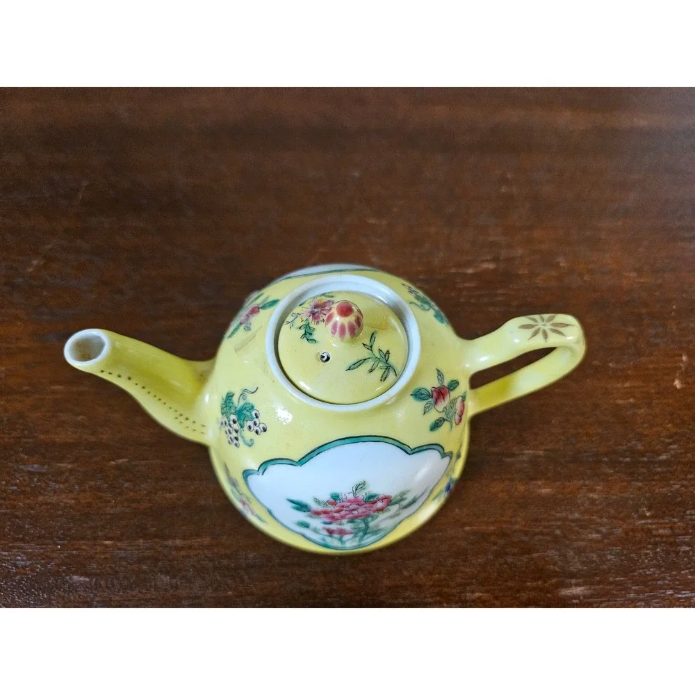 Hand Painted Canton Ware Tea Set Yellow Floral Porcelain 3pc Teapot Cup